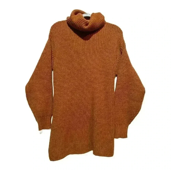 Free People Sweaters - Free People Eleven Chunky Knit Sweater Turtleneck Tunic Burnt Orange Side Slit S